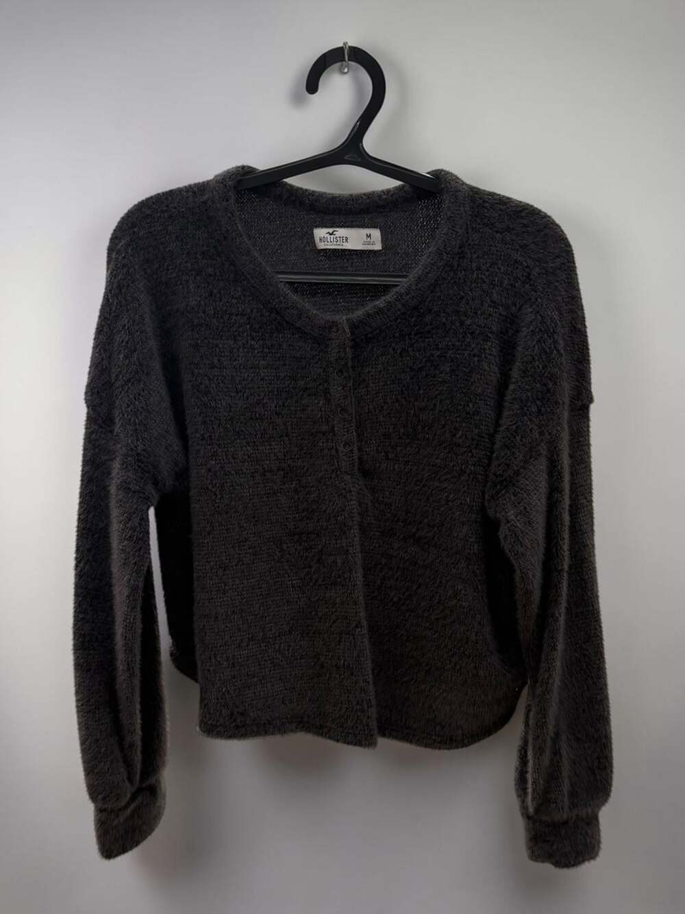Hollister Charcoal Gray Fuzzy Knit Button Front Cardigan Sweater Womens Medium